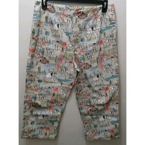 Vintage White Stag People City Artwork Multicolor Cotton Capris Womens Large